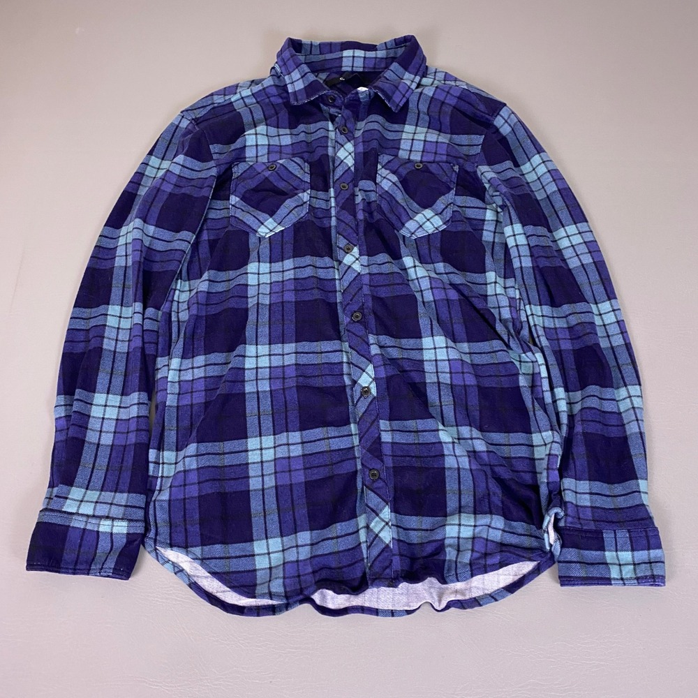 Carbon Purple Blue Plaid Flannel Button Down Shirt Men's XL Long Sleeve Stretch